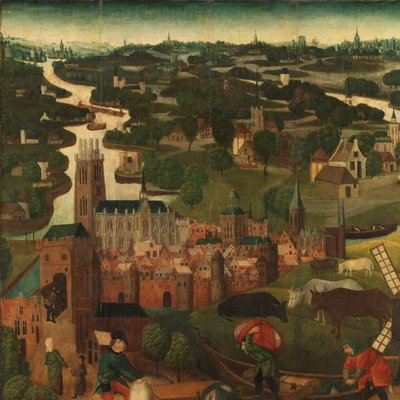 A Szent Erzsébet napi árvíz Oltárkép bal külső szárnya a Szent Erzsébet árvízzel, 1421. november 18-19., Dordrecht városával a háttérben alkotó: Master of the St Elizabeth Panels