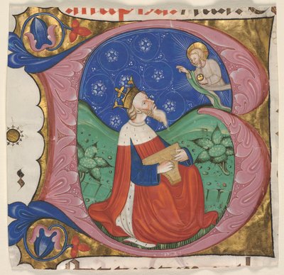 "B" iniciálé (eatus Vir) egy kórus zsoltárából, 1430-50 körül (tinta, tempera és arany levél pergamenre) alkotó: Master of the Vitae Imperatorum