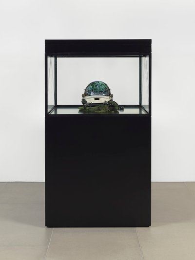 Alpha Omega, 2016 (Üveg, LCD képernyő, médialejátszó, koponyareplika, űrsisak, fa) alkotó: Mat Collishaw