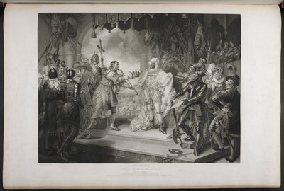 Richárd király a második.IV. felvonás. I. jelenet. Richard király, Bolingbroke, York, Aumerle stb. A Parlament épületében, 1803 körül (metszet) alkotó: Mather Brown