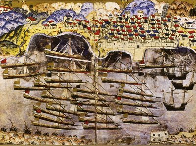 Barbarossa flottája telel a francia Toulon kikötőben, 1543, 16. század közepe alkotó: Matrakci Nasuh