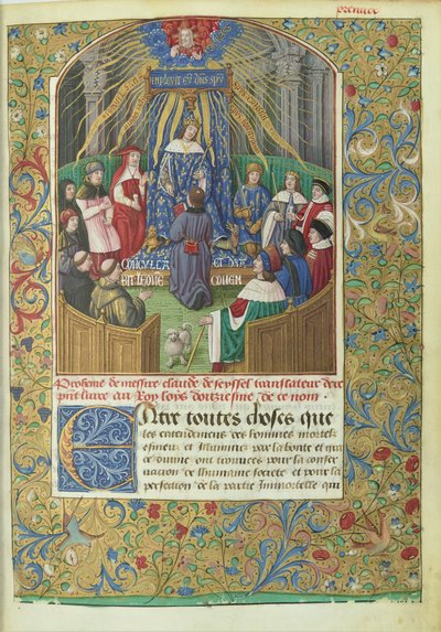 Xenophón Anabasis című műve Claude de Seyssel fordításában: dedikációs jelenet, a kézirat a fordító ajándéka XII. Lajosnak. alkotó: Maitre de Philippe de Gueldre