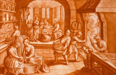 Mária és Márta története, illusztráció a Bibliából, J. C. Bodenehr metszet (szépia metszet) alkotó: Mattaus the Younger Merian