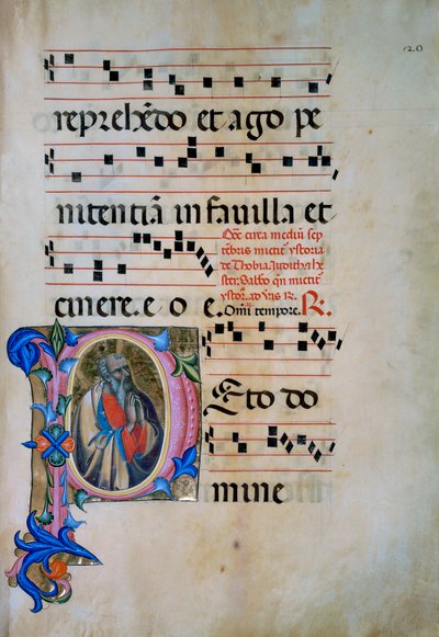 Megvilágított kezdőbetűvel a démonokat legyőző Szent Mihály arkangyal alakja (Corale 5, 105v körül), a Santa Maria degli Angeli 5. kóruskönyvéhez alkotó: Matteo di Filippo Torelli