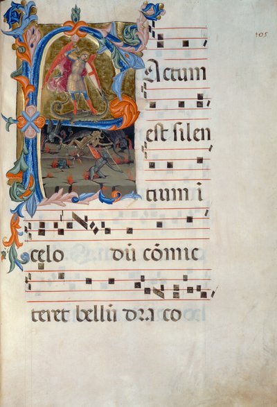 Szent Mihály arkangyal legyőzi a démonokat. Matteo Torellinek tulajdonított miniatűr, egy 1394-ből származó antifóniából (Corale 5, 105v körül) alkotó: Matteo di Filippo Torelli