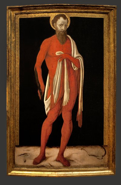 Szent Barthelemy apostol. Matteo di Giovanni (kb. 1430-1495) festménye, olaj, fa, olasz művészet alkotó: Matteo di Giovanni di Bartolo