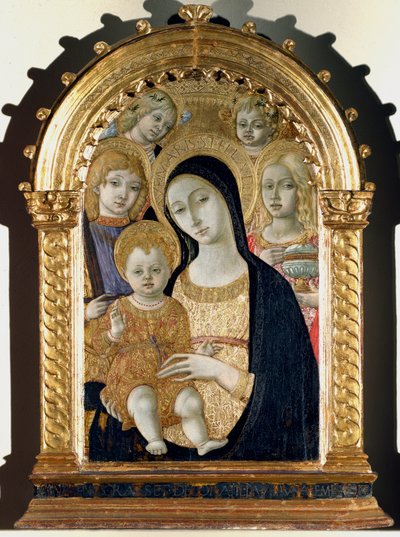 Szűz Jézus gyermekével, Szent Mihály, Szent Mária Magdolna (Festmény fára alkotó: Matteo di Giovanni di Bartolo