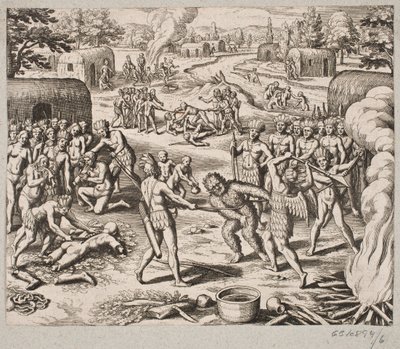 Amikor elfogják egyik ellenségüket, barbár módon és embertelenül kivégzik és megeszik őket alkotó: Matthäus Merian d.Æ.