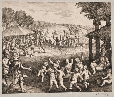Az ételt felszolgáló, italt készítő vadakról és táncaikról a királynak alkotó: Matthäus Merian d.Æ.