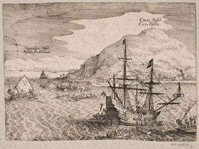 A hollandok Kokosøen partraszállásáról alkotó: Matthäus Merian d.Æ.