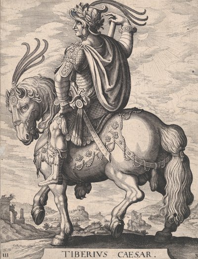 3. tábla: Tiberius császár lóháton, „Az első tizenkét római császár”-ból, a... után, 1610-50. alkotó: Matthaus Merian