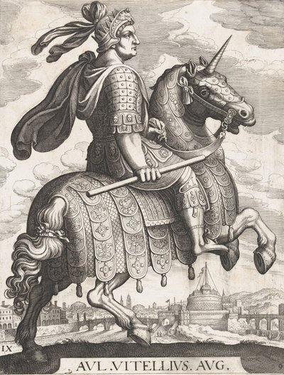 9. tábla: Vitellius császár lóháton, „Az első tizenkét római császár” című művéből a Te... után, 1610-50. alkotó: Matthaus Merian