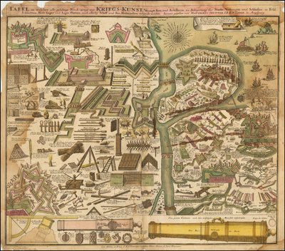 1720 Seutter allegorikus térképe, amely a szárazföldi és tengeri hadművészetet mutatja be. alkotó: Matthäus Seutter