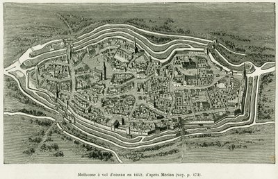 Mulhouse repül 1642-ben. Matthaus Merian (1593-1650) metszete az Elzászon és Lotaringián keresztül című történet illusztrálására, Charles Grad német deputátor 1885-ben, a tour du monde 1886-ban, Edouard Charton (1807-1890) rendezésében. , Hachette, Párizs. alkotó: Matthaus the Elder (after) Merian