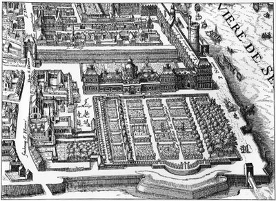 Párizs: a Tuileriák palotája és kertje 1615-ben, Mathieu Merian tervének fakszimile. alkotó: Matthaus the Elder (after) Merian