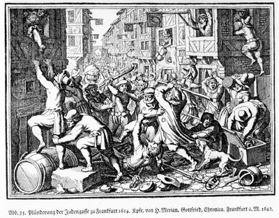 Plundering the Jewish Alley during the Fettmilch riots in Frankfurt on 22 August alkotó: Matthaus the Elder (after) Merian