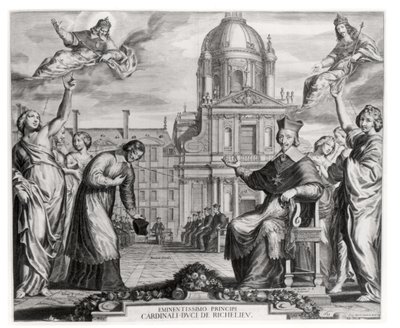 Robert de Sorbon (1201-94) és Richelieu bíboros (1575-1642) a Sorbonne előtt, Gregoire Huret (1606-70) metszete 1639 alkotó: Matthaus the Elder Merian