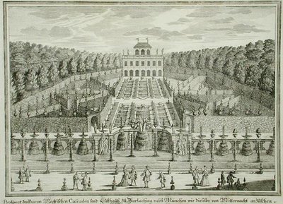 Egy München melletti hercegi rezidencia képe, az „Erlustierende Augenweide in Vorsetellung Herrliche Garten”-ből, Karl Remshard (1678-1735) metszete, megjelent 1725 körül (metszet) alkotó: Matthias (after) Diesel