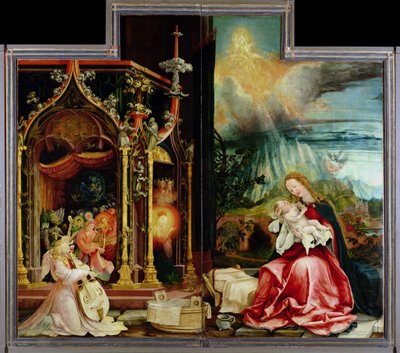 Születés és angyalok hangversenye az Isenheim-oltárról, központi panel (olaj a táblára) alkotó: Matthias (c.1480 1528) Grunewald