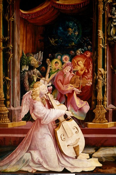 Issenheim (vagy Isenheim) oltárképe: „” La Nativite”” Részlet az Angels zenészeinek koncertjéről. A középen álló angyal gamba brácsán játszik. Panels by Mathis Neithardt Gothardt dit Matthias Grunewald (1480-1528) (ec.all.) 1512-1516 Dim. 265x304 cm Kol alkotó: Matthias (c.1480 1528) Grunewald