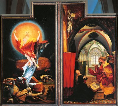 Krisztus angyali üdvözlete és feltámadása, részlet az Isenheim-oltárról, 1512-1616 körül (olaj, tábla) alkotó: Matthias (c.1480 1528) Grunewald