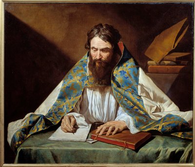 Szent Ambrus portréja (340-397), Milánói eveque - Mathias Stomer (Matthias Stom) festménye (1600-1650) Ec Flam, 1633-1639 körül - Olaj, vászon - V: 1,10x1,30 m - Rennes, Musee des Beaux Arts – Szent Ambrus (vagy Ambroise, 340-397), püspök portréja alkotó: Matthias (c.1600 p.1650) Stomer