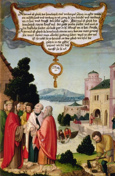 A mennyek birodalma olyan, mint egy háló, amelyet a tengerbe dobtak, és mindenféle halat összegyűjtött (Máté 13) Krisztus tanításának illusztrációja, a Mompelgarter oltárkép szárnytáblájának egy része alkotó: Matthias Gerung or Gerou