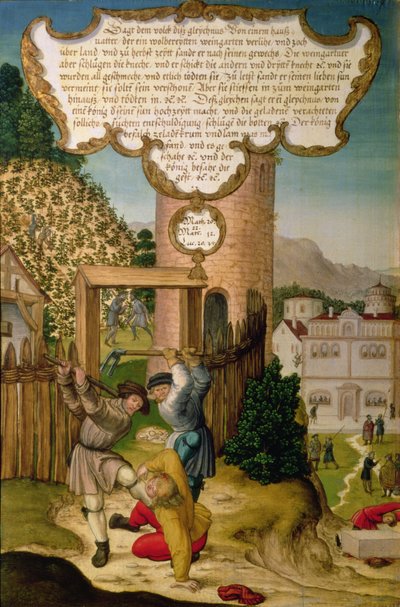 A szőlősgazdák megölik a szőlőbirtokos örökösét, illusztrálva Krisztus tanítását: „A kő, amelyet az építők elvetettek, a sarok fő köve”, a Mompelgarter-oltár szárnyának metszete (tábla) (lásd még: 72465-79) alkotó: Matthias Gerung or Gerou