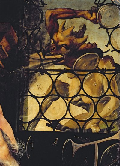 Az ablakot támadó ördög, Remete Szent Antal részlete az Isenheim-oltárról, 1512-1616 alkotó: Matthias Grünewald