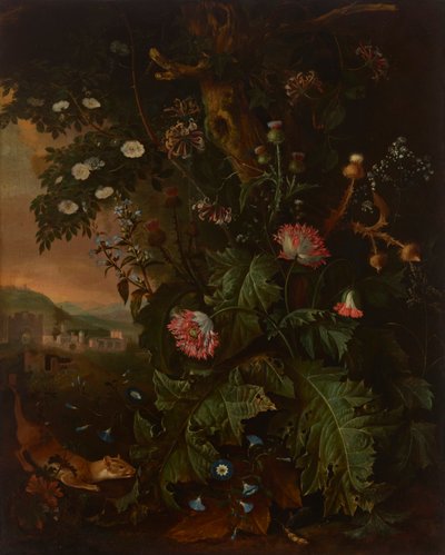 Erdei talaj menyéttel, egérrel, ópiummákkal és gyűszűvirággal, mögötte klasszikus épületekkel. alkotó: Matthias Withoos