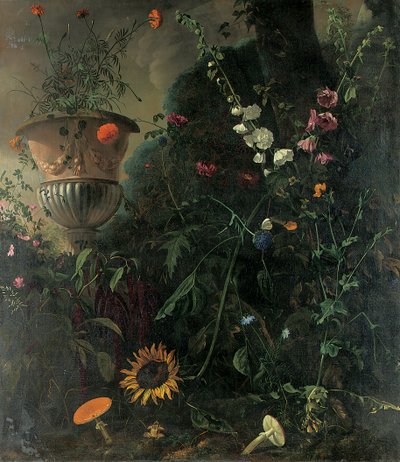 Hollyhocks, rózsa, kék csipke virág, napraforgó és gombagomba, körömvirággal egy urnában a fa mellett alkotó: Matthias Withoos