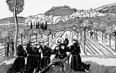 Assisi városát megáldó Assisi Szent Ferenc halála, Maurice Denis rajza nyomán Jacques Beltrand metszet alkotó: Maurice (after) Denis