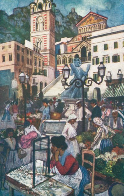 Amalfi, Piazza és Duomo (színes litho) alkotó: Maurice (after) Greiffenhagen