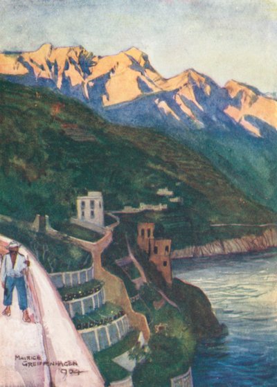 Minori naplementében (színes litográfia) alkotó: Maurice (after) Greiffenhagen