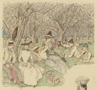 Piknik az olajfák alatt a dél-franciaországi Beaulieu-ban (színes litho) alkotó: Maurice Charles Mathieu Bonvoisin