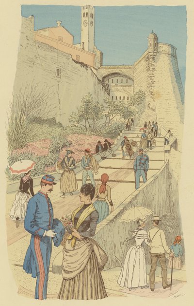 Emberek sétálnak a nagy lépcsőn a királyi palotában, Monacóban. (színes litó) alkotó: Maurice Charles Mathieu Bonvoisin