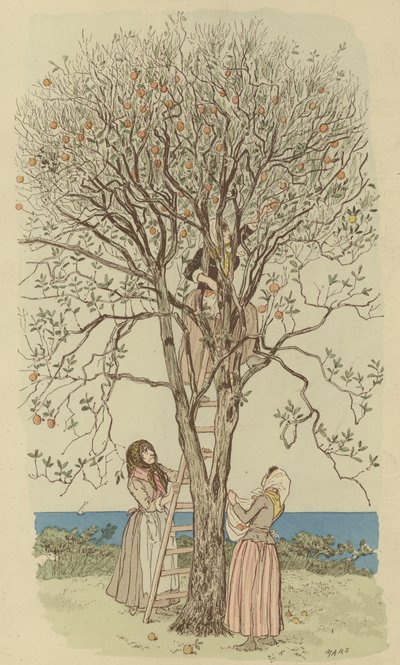 Narancsszedés a Földközi-tengeren (színes litho) alkotó: Maurice Charles Mathieu Bonvoisin