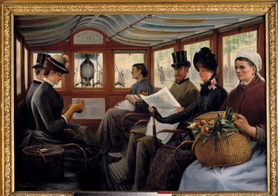 Az omnibuszban Az utasok omnibuszban telepednek le. Maurice Delondre festménye (XIX. század) 1890 V. 0,66x0,94 m Párizs, Musee Carnavalet alkotó: Maurice Delondre