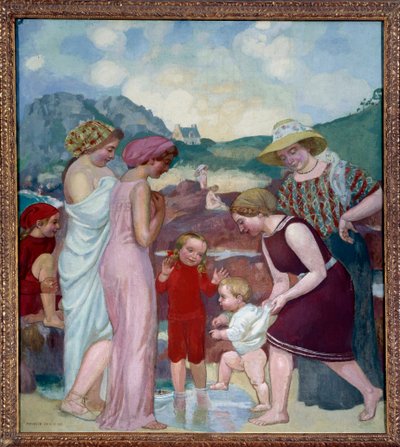 Az első lépések. Egy fiatal fiú megteszi első lépéseit édesanyja és családja előtt alkotó: Maurice Denis