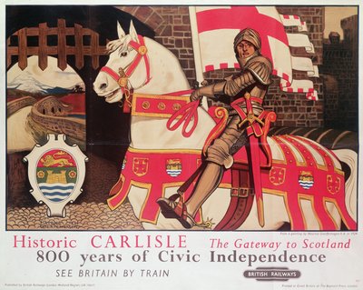 A brit vasúti plakát: „Historic Carlisle, Gateway to Scotland”, 1924 alkotó: Maurice Greiffenhagen
