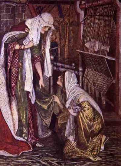 „Ivanhoe hölgy meglepetésére, tisztességes látogatója egy térdre térdelt”, illusztráció az „Ivanhoe fiúknak és lányoknak” című könyvéből, újra elmesélte Alice Jackson, kocsma. 1924 (litó) alkotó: Maurice Greiffenhagen