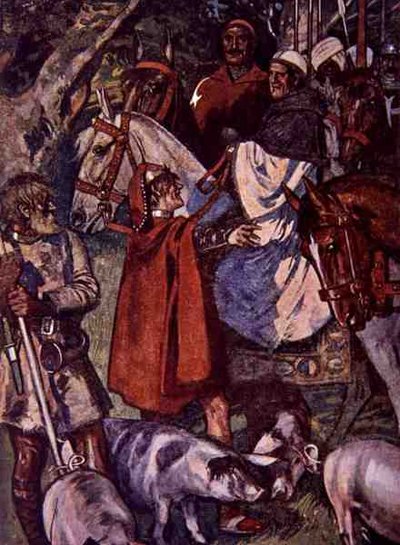 „A tiszteletednek ezen az úton kell maradnia, amíg el nem érkezel egy elsüllyedt kereszthez”, illusztráció az „Ivanhoe Fiúknak és lányoknak” című filmből, újra elmesélte Alice Jackson, pub. 1924 (litó) alkotó: Maurice Greiffenhagen