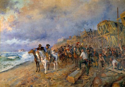 Napóleon Bonaparte (1769-1821) első konzul meglátogatja Maurice Orange (1868-1916) Boulogne-i festményeinek arzenálját 1804 (Nap: 214x304 cm) Párizs, Musee de l