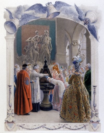 18. századi nemesi keresztelő jelenet, 1900 körül (illusztráció) alkotó: Maurice Leloir