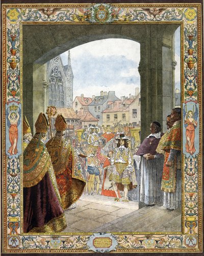 Megérkezett a Sainte-Chapelle-ba (Sainte Chapelle), hogy kihirdette a többségét a Le Roi-Soleil néven ismert XIV. Lajos francia királynak (Soleil király vagy Nagy Lajos). alkotó: Maurice Leloir
