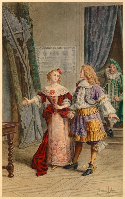 Scapin, Armande, Baron és Moliere (illusztráció) a színfalak mögött. alkotó: Maurice Leloir