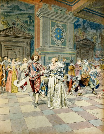 Franciaország története: George Villiers, Buckingham hercege (1592-1628) a francia udvarban az udvaroncok nyomdoka alá hintette gyöngyeit. Illusztráció: Maurice Leloir (1853-1940) a „Richelieu”-ban alkotó: Maurice Leloir