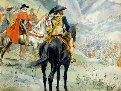 Franciaország története: Mantua örökösödési háborúja (1628-1631) a harmincéves háború alatt. A Pas de Suze (Susa) csata XIII. Lajos király (1601-1643) és Richelieu bíboros (Armand Jean du Plessis) képviselője alkotó: Maurice Leloir