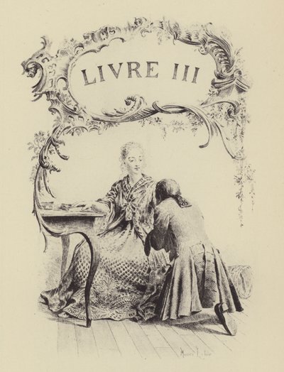 Illusztráció Jean-Jacques Rousseau vallomásai III. könyvéhez (metszet) alkotó: Maurice Leloir