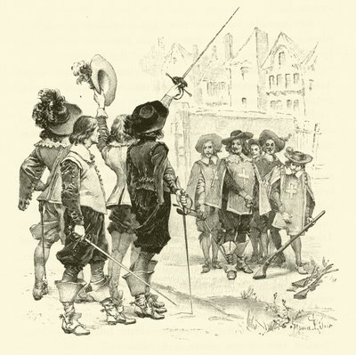 Illusztráció a három testőrhöz (metszet) alkotó: Maurice Leloir